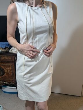 CK Sleeveless Cream Shift Dress with Gold Zipper Trim